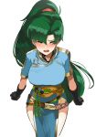  absurdres blush closed_eyes confession earrings embarrassed fingerless_gloves fire_emblem fire_emblem:_rekka_no_ken gloves green_eyes green_hair highres jewelry long_hair lyndis_(fire_emblem) open_mouth ormille ponytail side_slit 