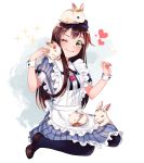  ;) animal animal_on_head animal_on_lap apron bang_dream! bangs black_neckwear blue_dress bow brown_footwear brown_hair bunny bunny_on_head bunny_on_shoulder clenched_hand commentary_request dew_(dltmf2266) dress frilled_apron frilled_dress frills green_eyes hair_bow hair_ornament hair_ribbon hairband hanazono_tae hand_up heart long_hair navy_blue_legwear neck_ribbon on_head one_eye_closed pantyhose petting ribbon shoes sitting smile solo sparkle striped vertical-striped_dress vertical_stripes vial white_apron wrist_cuffs x_hair_ornament yellow_ribbon 