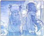  :d arms_behind_back blue breath closed_eyes coat commentary_request facing_away from_behind goshiki_agiri kill_me_baby long_hair long_sleeves monochrome multiple_girls open_mouth oribe_yasuna outdoors outstretched_arms pleated_skirt pom_pom_(clothes) running sakino_shingetsu scarf shoes short_hair sideways_mouth skirt smile sonya_(kill_me_baby) spread_arms standing standing_on_one_leg twintails 