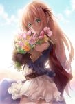  arisa_(shadowverse) blonde_hair blush bouquet breasts cloud cowboy_shot day elbow_gloves elf eyebrows_visible_through_hair flower gloves green_eyes hair_ribbon long_hair looking_at_viewer medium_breasts nina_(pastime) pointy_ears ribbon shadowverse skirt solo 