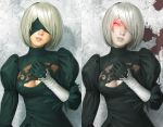  black_blindfold black_dress black_hairband blindfold breasts cleavage_cutout commentary_request dress feather-trimmed_sleeves glowing glowing_eyes hairband looking_at_viewer medium_breasts mole mole_under_mouth nier_(series) nier_automata pale_skin parted_lips red_eyes short_hair silver_hair upper_body watanabe_yasuaki yorha_no._2_type_b 