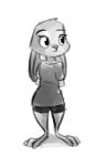  2018 anthro barefoot bluedouble clothed clothing disney female greyscale hands_behind_back judy_hopps lagomorph mammal monochrome rabbit simple_background solo standing white_background zootopia 