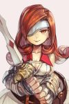  beatrix belt breasts brown_eyes brown_hair closed_mouth curly_hair final_fantasy final_fantasy_ix fingerless_gloves gloves grey_background hankuri holding holding_sword holding_weapon looking_at_viewer medium_breasts one_eye_covered simple_background slit_pupils smile solo sword two-handed upper_body vambraces weapon wing_collar 