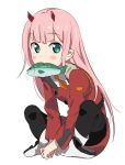  bangs black_legwear blush boots commentary darling_in_the_franxx eyebrows_visible_through_hair fang fish fish_in_mouth food_in_mouth full_body green_eyes horns indian_style long_hair long_sleeves looking_at_viewer military military_uniform mouth_hold pantyhose pink_hair senjitsu_musou shoes sidelocks simple_background sitting solo straight_hair uniform white_background white_footwear younger zero_two_(darling_in_the_franxx) 