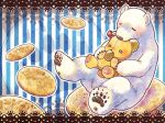  bear bear_print closed_eyes cookie food holding holding_food holding_stuffed_animal kazami_miki no_humans original paw_print polar_bear striped stuffed_animal stuffed_toy teddy_bear 