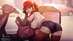  adapted_costume artist_name ass baseball_cap bent_over blurry breasts brown_hair commentary denim denim_shorts depth_of_field elbow_gloves employee_uniform fingerless_gloves firolian gloves ground_vehicle hat highres large_breasts league_of_legends lips looking_at_viewer moped motor_vehicle pizza_delivery_sivir ponytail short_shorts short_sleeves shorts sivir smile thighhighs uniform watermark 