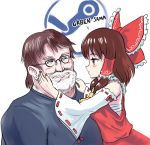  1boy 1girl ascot bare_shoulders beard blush bow brown_hair detached_sleeves english_text eyebrows_visible_through_hair facial_hair fat fat_man gabe_newell glasses hair_bow hair_tubes hakurei_reimu hands_on_another&#039;s_face japanese_clothes long_hair looking_at_another medium_hair miko nontraditional_miko obese older profitshame red_shirt ribbon-trimmed_sleeves ribbon_trim sarashi shirt steam_(platform) touhou what white_hair yellow_neckwear 