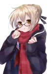  absurdres artoria_pendragon_(all) bad_id bad_twitter_id blonde_hair blush braid commentary_request fate/grand_order fate_(series) glasses grey_ribbon hair_bun hair_ribbon hands_up highres long_sleeves looking_at_viewer mysterious_heroine_x_(alter) neckerchief orange_eyes parted_lips purple-framed_eyewear purple_coat red_neckwear red_scarf ribbon sailor_collar scarf school_uniform serafuku simple_background solo upper_body vanilla_(miotanntann) white_background white_sailor_collar 