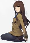  ass black_legwear blue_neckwear blush bottomless bow bowtie brown_eyes brown_hair cardigan commentary_request crotch_seam eyebrows_visible_through_hair fate/extra fate_(series) full_body grey_background highres kishinami_hakuno_(female) long_sleeves looking_at_viewer looking_back no_shoes pantyhose parted_lips school_uniform seiza simple_background sitting solo walzrj 