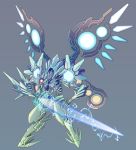  electricity energy_sword full_body glowing grey_background holding holding_sword holding_weapon key-chang looking_at_viewer mecha no_humans one-eyed original red_eyes simple_background standing sword thunder_force thunder_force_v weapon wings 