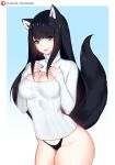  :p animal_ears artist_name bangs black_hair black_neckwear black_panties blue_background blue_eyes blunt_bangs breasts cleavage closed_mouth cowboy_shot eyebrows_visible_through_hair eyelashes fox_ears fox_tail gradient gradient_background groin hands_on_own_chest large_breasts long_hair long_sleeves looking_at_viewer nail_polish no_pants original panties patreon_logo reiko_(tofuubear) shiny shiny_hair sidelocks sleeves_past_wrists smile solo standing straight_hair sweater tail thighs thong tofuubear tongue tongue_out turtleneck turtleneck_sweater underwear white_sweater 