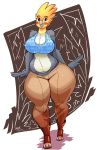  2018 absurd_res avian beak big_breasts bird blush breasts feathers female full-length_portrait hi_res jaeh navel portrait solo standing thick_thighs top voluptuous wide_hips 