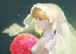  blonde_hair bouquet commentary dress fate/extra fate/extra_ccc fate_(series) flower from_side green_background green_eyes highres light_smile lips looking_at_viewer nero_claudius_(bride)_(fate) nero_claudius_(fate)_(all) parted_lips qmo_(chalsoma) red_flower red_rose rose short_hair smile solo upper_body veil wedding_dress white_dress 