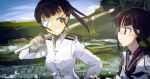  black_eyes black_hair blurry brown_eyes day depth_of_field epaulettes eyepatch grin hattori_shizuka high_ponytail hill kabuyama_kaigi looking_at_another looking_back military military_uniform multiple_girls open_mouth ponytail print_eyepatch rice_paddy sakamoto_mio school_uniform serafuku shinai sky smile strike_witches sweat sword uniform upper_body weapon white_eyepatch world_witches_series 