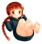  1girl babu barefoot black_robe black_sleeves blush braid brown_eyes brown_hair eyebrows_visible_through_hair feet female kukuri long_sleeves looking_at_viewer mahoujin_guruguru on_back parted_lips patreon_reward robe simple_background soles solo thighs toes twin_braids white_background 