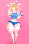  adventure_time blonde_hair blush booty_shorts bulumble-bee cartoon_network clothing female fionna_the_human hair human human_only legwear mammal muscular muscular_female not_furry shirt solo tank_top thick_thighs thigh_highs tight_clothing wide_hips 