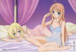  :o adjusting_hair ahoge arm_support bangs barefoot bed_sheet blonde_hair blue_eyes blue_panties blush bow bow_panties breasts chemise cleavage clenched_hand copyright_name curtains feet green_eyes hair_between_eyes hair_over_breasts highres indoors kyoushirou_to_towa_no_sora lace legs lingerie long_hair long_legs lying medium_breasts megami multiple_girls navel negligee on_side open_mouth orange_hair panties parted_lips pillow purple_panties scan see-through setsuna_(kyoushirou) shiratori_kuu sidelocks sitting soles strap_slip underwear very_long_hair yanagisawa_tetsuya 