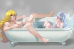  areolae bath bathing bathtub blonde_hair blue_eyes blush boiling breasts claw_foot_bathtub grey_background ice large_breasts long_hair medium_breasts multiple_girls nipples nude partially_submerged purple_eyes rwby silver_hair sinccubi smirk spread_legs steam weiss_schnee yang_xiao_long 