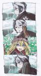  4koma bad_id bad_pixiv_id black_cape black_eyes black_hair blue_eyes cape closed_mouth comic commentary_request eyebrows_visible_through_hair field flower flower_field hair_flower hair_ornament height_difference helmet highres jitome looking_at_viewer lyza made_in_abyss mi_(pic52pic) multicolored_hair multiple_girls outdoors ozen parted_lips sad short_hair smile two-tone_hair whistle white_hair 