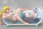  areolae bath bathing bathtub blonde_hair blue_eyes blush boiling breasts claw_foot_bathtub grey_background ice large_breasts long_hair medium_breasts multiple_girls nipples nude partially_submerged purple_eyes rwby sinccubi smirk spread_legs steam weiss_schnee white_hair yang_xiao_long 