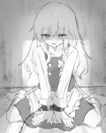  :d bags_under_eyes bdsm chain commentary cuffs dungeon greyscale highres kirisame_marisa long_hair looking_at_viewer marisuku monochrome open_mouth pov shackles sketch smile solo touhou 