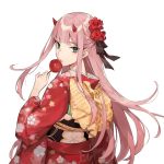  aiko_(kanl) aqua_eyes bad_id bad_twitter_id bangs darling_in_the_franxx eyebrows_visible_through_hair eyeshadow floral_print flower hair_flower hair_ornament holding horns japanese_clothes kimono long_hair long_sleeves looking_at_viewer looking_back makeup obi pink_hair sash simple_background solo straight_hair upper_body white_background yukata zero_two_(darling_in_the_franxx) 