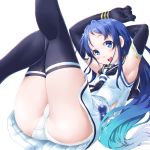  armpits arms_up ass bangs black_legwear blue_eyes blue_hair blush breasts commentary dd_(ijigendd) elbow_gloves gloves gradient_hair hair_between_eyes head_tilt highres kantai_collection leg_lift long_hair looking_at_viewer lying multicolored_hair neckerchief on_back open_mouth panties pantyshot pantyshot_(lying) sailor_collar samidare_(kantai_collection) school_uniform serafuku shirt sidelocks simple_background skindentation skirt sleeveless sleeveless_shirt small_breasts smile solo swept_bangs thighhighs thighs underwear very_long_hair white_background white_panties 