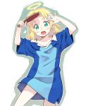  aqua_eyes ball blonde_hair blue_shirt blush_stickers collarbone collared_shirt commentary_request cowboy_shot denchuubou green_eyes gym_shirt halo hands_up heart medium_hair open_mouth original oversized_clothes oversized_shirt paddle palms shirt simple_background solo table_tennis_ball table_tennis_paddle tareme 