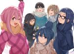  aqua_eyes black_hair blue_hair brown_eyes brown_hair drink earmuffs fang glasses green_eyes group hana_mori inuyama_aoi jpeg_artifacts kagamihara_nadeshiko long_hair oogaki_chiaki pink_hair ponytail purple_eyes saitou_ena scarf shima_rin short_hair toba_minami white wink yuru_camp 