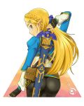  1girl ass blonde_hair blush braid elf fingerless_gloves from_behind gloves green_eyes half_updo long_hair looking_back master_sword nintendo orcaleon pants pointy_ears princess_zelda sheathed shiny shiny_clothes shiny_hair solo sword the_legend_of_zelda the_legend_of_zelda:_breath_of_the_wild tight_pants transparent_background weapon 