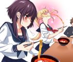  black_hair blonde_hair blue_neckwear blue_sailor_collar blush chopsticks contemporary darkness_(konosuba) eating food gakuran kono_subarashii_sekai_ni_shukufuku_wo! long_hair masochism megumin misu_kasumi multiple_girls neckerchief out_of_frame ponytail red_neckwear sailor_collar school_uniform serafuku short_hair skirt spicy 