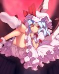  bat_wings bloomers blue_hair closed_mouth full_moon hat hat_ribbon kaiza_(rider000) knees_up looking_at_viewer mob_cap moon petticoat pink_hat pink_legwear pink_skirt puffy_short_sleeves puffy_sleeves red_eyes red_moon red_ribbon remilia_scarlet ribbon short_sleeves skirt smile socks solo touhou underwear wings wrist_cuffs 