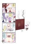  ... 3girls 4koma ? ajax_(azur_lane) azur_lane bangs bare_shoulders belfast_(azur_lane) belt beret black_dress black_legwear blush braid breasts broken broken_chain capelet chain cleavage closed_eyes closed_mouth collarbone comic commentary creamer_(vessel) cup detached_sleeves directional_arrow door dress elbow_gloves eyebrows_visible_through_hair garter_straps gloves hair_between_eyes hair_ribbon hat highres holding holding_tray koko_ne_(user_fpm6842) large_breasts long_hair long_sleeves multiple_girls one_side_up open_mouth parted_lips pleated_skirt profile purple_hair red_eyes red_ribbon red_skirt ribbon saucer silver_hair skirt smile speech_bubble spoken_ellipsis spoken_interrobang standing teacup teapot thighhighs translated tray twintails v-shaped_eyebrows vampire_(azur_lane) very_long_hair white_belt white_capelet white_gloves white_hat 
