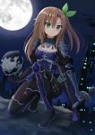  alternate_costume blush bow brown_hair dagger final_fantasy final_fantasy_xiv green_eyes hair_bow hair_ornament highres if_(choujigen_game_neptune) kazenokaze long_hair looking_at_viewer moon neptune_(series) night ninja_(final_fantasy) ribbon solo star weapon 