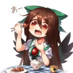  artist_name asrielchu black_wings blush bow bowl brown_hair checkered chopsticks commentary_request cup fang food green_bow hair_between_eyes hair_bow hand_up holding long_hair mug open_mouth red_eyes reiuji_utsuho rice rice_bowl saucer shiny shiny_hair shirt signature simple_background solo table tako-san_wiener teeth third_eye touhou white_background white_shirt wings 