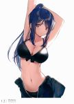  :/ absurdres armpits arms_up bikini bikini_under_clothes black_bikini blue_hair bow breasts cleavage closed_mouth collarbone cowboy_shot expressionless hair_bow head_tilt high_ponytail highres huanxiang_heitu large_breasts leaning_to_the_side long_hair looking_at_viewer love_live! love_live!_sunshine!! matsuura_kanan navel open_clothes open_wetsuit page_number ponytail purple_eyes scan simple_background solo standing stomach stretch swimsuit wetsuit white_background white_bow 