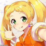  :q aikatsu!_(series) aikatsu_friends! batsu blonde_hair blush bow bowtie commentary_request dress earrings green_eyes hand_up highres hinata_ema_(aikatsu_friends!) jewelry long_hair looking_at_viewer orange_dress orange_neckwear smile solo star star_earrings tongue tongue_out twintails twitter_username upper_body waving 