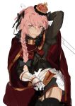  absurdres astolfo_(fate) black_bow black_legwear black_skirt bow braid cape closed_mouth commentary_request contrapposto cowboy_shot crown eyebrows_visible_through_hair fate/apocrypha fate_(series) faulds garter_belt gauntlets gorget hair_between_eyes hair_bow hair_intakes hand_up highres hiranko holding holding_sword holding_weapon long_hair looking_at_viewer male_focus otoko_no_ko pink_eyes pink_hair red_cape simple_background single_braid skirt solo standing sword thighhighs unfinished weapon white_background 