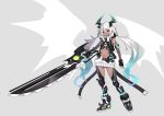  :3 black_gloves blue_eyes blue_hair boots commentary_request elbow_gloves fang fingerless_gloves gloves gradient_hair grey_background hair_between_eyes high_heel_boots high_heels holding holding_sword holding_weapon horns long_hair looking_at_viewer low_twintails low_wings multicolored_hair navel original oversized_object simple_background smile solo sword thighhighs twintails very_long_hair weapon westxost_(68monkey) white_hair wings 