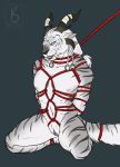  2018 4_ears anthro bound charr claws digital_media_(artwork) fangs feline female flat_chested fluffy fluffy_tail fur guild_wars hair horn khurje looking_at_viewer maara mammal multi_ear nude pussy rope rope_bondage rope_harness simple_background solo video_games 