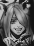  1girl eyelashes gohpot greyscale grin hair_over_one_eye leaf little_witch_academia long_hair monochrome mushroom smile solo sucy_manbavaran symbol_commentary teeth witch 