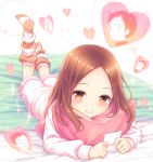  1girl bangs bed_sheet blush brown_eyes brown_hair commentary_request full_body half-closed_eyes happy heart hetero highres imagining karakai_jouzu_no_takagi-san looking_at_viewer lying nishikata on_bed on_stomach pajamas parted_bangs pillow smile striped striped_legwear takagi-san thought_bubble tomo_(user_hes4085) 