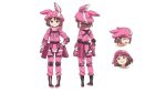  1girl animal_ears black_footwear boots brown_hair bunny_ears elbow_pads fake_animal_ears firing full_body gloves gun hat holding holding_gun holding_weapon knee_pads llenn_(sao) looking_at_viewer military military_uniform open_mouth pants pink_eyes pink_gloves pink_hat pink_pants riffle short_hair simple_background solo sword_art_online sword_art_online_alternative:_gun_gale_online thigh_strap uniform white_background 