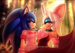  bat blue_eyes blue_fur breasts clothed clothing collar crossgender duo ear_piercing ear_tuft female fluffy fur green_eyes grin hair hedgehog lipstick long_hair makeup mammal open_maw piercing rouge_the_bat rubber shadisfaction skimpy smile sonic_(series) sonic_the_hedgehog spandex teeth tight_clothing tuft white_fur 