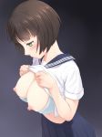 blue_skirt blush bra bra_pull breasts brown_hair closed_mouth commentary_request green_eyes large_breasts lifted_by_self meow_(nekodenki) nipples original sailor_collar school_uniform serafuku short_hair short_sleeves skirt solo striped underwear vertical-striped_bra vertical_stripes 