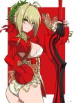  aestus_estus ahoge ass bangs breasts bright_pupils closed_mouth cowboy_shot dress epaulettes eyebrows_visible_through_hair eyelashes fate/extra fate_(series) food green_eyes hair_in_hair hair_ribbon hand_on_hip head_wreath highres holding holding_food juliet_sleeves long_sleeves looking_at_viewer medium_breasts multicolored multicolored_eyes nero_claudius_(fate) nero_claudius_(fate)_(all) outside_border pink_eyes puffy_sleeves ram_(ramlabo) red_background red_dress red_ribbon ribbon see-through shiny shiny_hair short_dress short_hair sideboob signature simple_background smile solo standing thighs tsurime wide_sleeves 