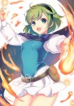  black_hairband blue_eyes blush cape fire fire_emblem fire_emblem:_rekka_no_ken fire_emblem_heroes gloves green_hair hairband kokouno_oyazi looking_at_viewer nino_(fire_emblem) short_hair smile solo 