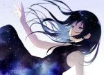  :o achiki bare_arms bare_shoulders black_dress black_hair blue_eyes breasts dress falling floating_hair from_side long_hair looking_away original outstretched_arm outstretched_hand parted_lips sleeveless sleeveless_dress small_breasts solo space sparkle star starry_sky_print very_long_hair 