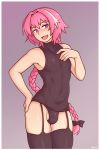  :d astolfo_(fate) bare_shoulders bulge covered_navel dross fang fate/apocrypha fate_(series) hand_on_own_chest highres lingerie long_hair male_focus multicolored_hair open_mouth otoko_no_ko pink_hair purple_eyes skindentation smile solo standing testicles thighhighs two-tone_hair underwear very_long_hair 