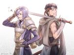  artist_name bandages brown_hair closed_eyes fingerless_gloves fire_emblem fire_emblem_echoes:_mou_hitori_no_eiyuuou gloves headband kamui_(fire_emblem_gaiden) leo_(fire_emblem) long_hair male_focus multiple_boys open_mouth purple_eyes purple_hair quiver scarf sword tamami_if teeth weapon 